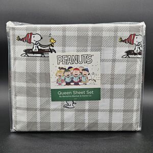Berkshire Peanuts‎ Snoopy Woodstock Christmas Holiday Queen Sheet Set Plaid Gray